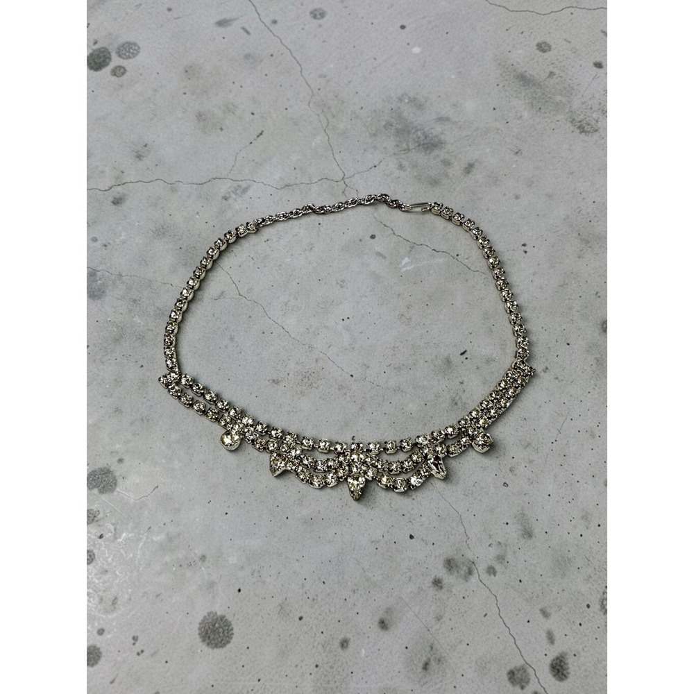 Vintage 18" Rhinestone Choker Necklace Silver Tone Tiered Bib Crystal-BEAUTIFUL!